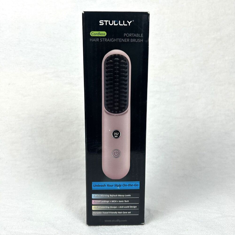 STUDLLY Cordless Hair Straightener Brush Portable Rechargeable Hot Comb Pink NOB